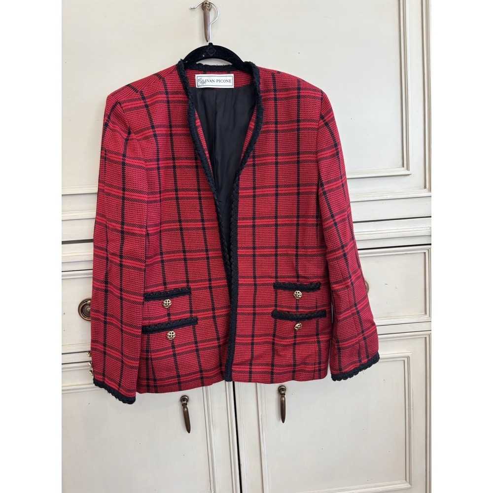 Evan Picone Vintage Red Black Plaid Skirt Suit Set Size 8/10 Union Tag